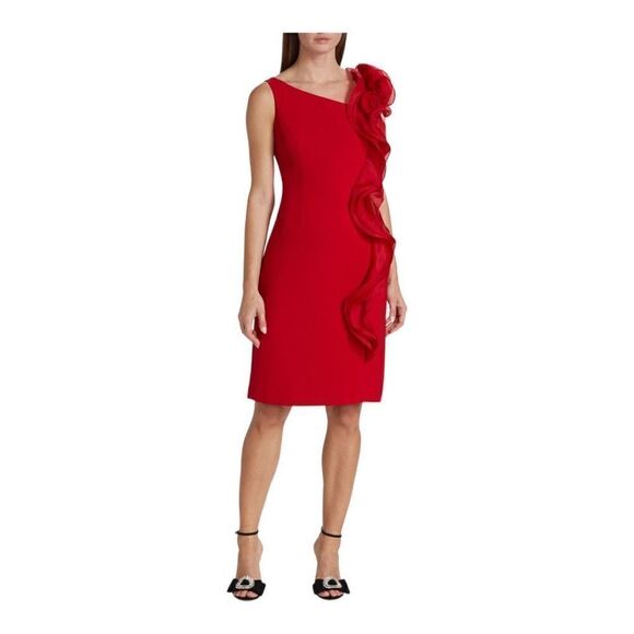 Teri jon by Rickie Freeman One Shoulder Red Rosette Cocktail Dress Size 10 NWT - Picture 1 of 10